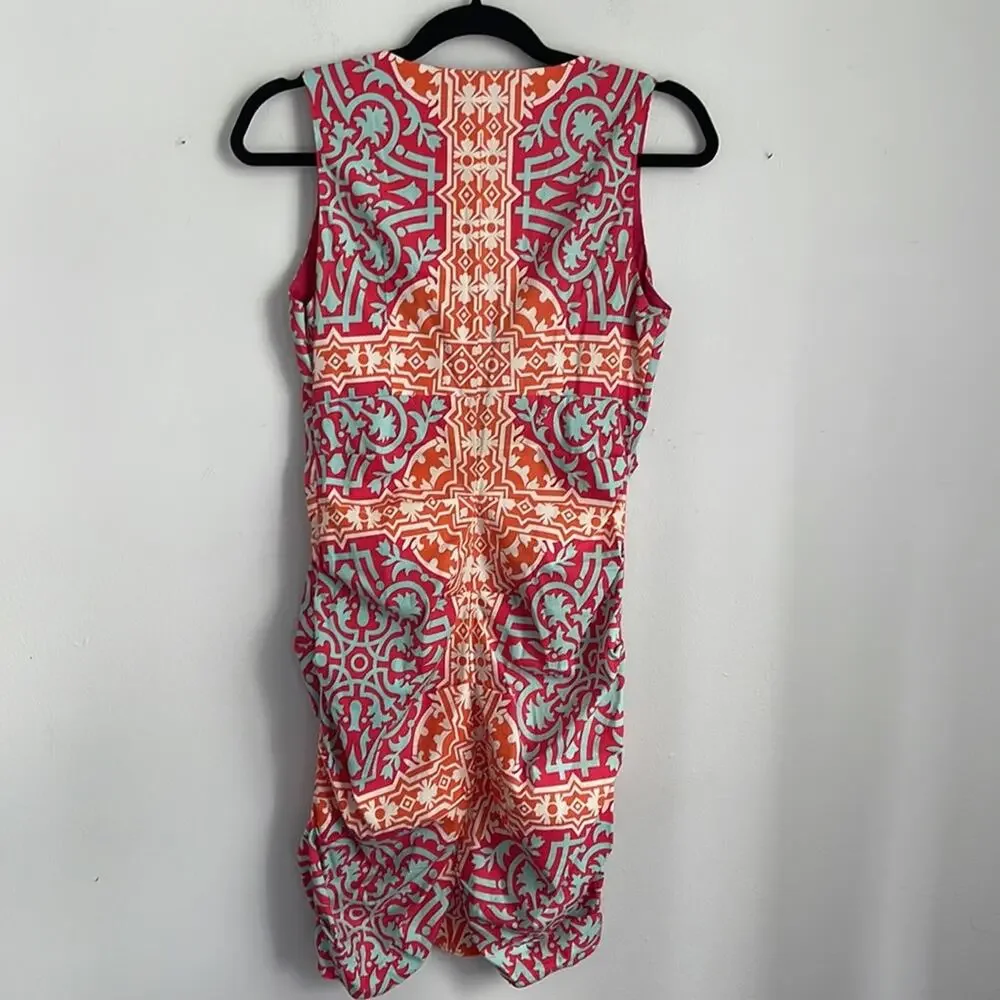 Hale Bob ruched printed ruffle front beaded sleeveless tank dress sz S - Picture 7 of 7